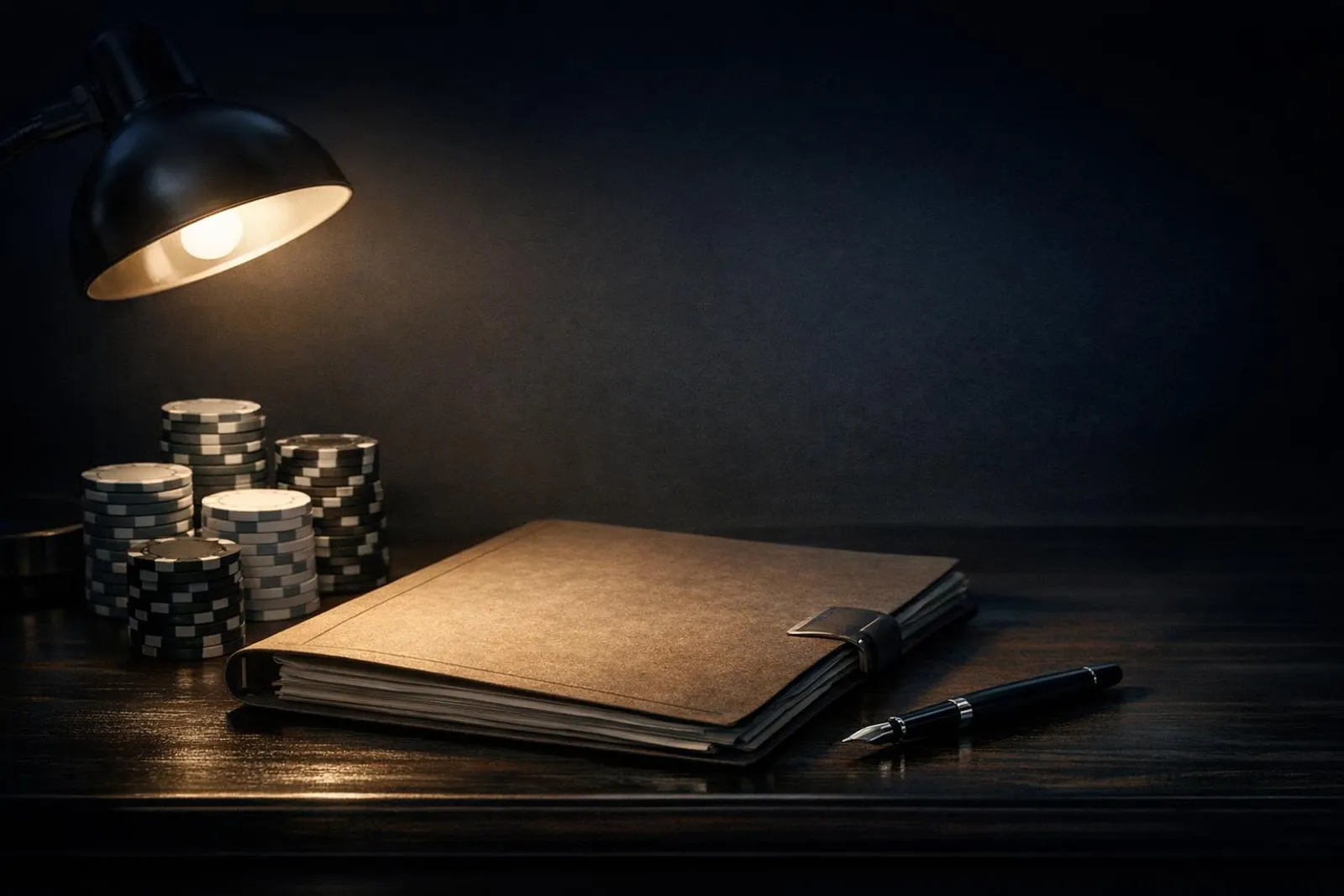 Stacked archive folders and an out-of-focus embossed certificate beside a magnifying glass on a dark desk, cinematic lighting