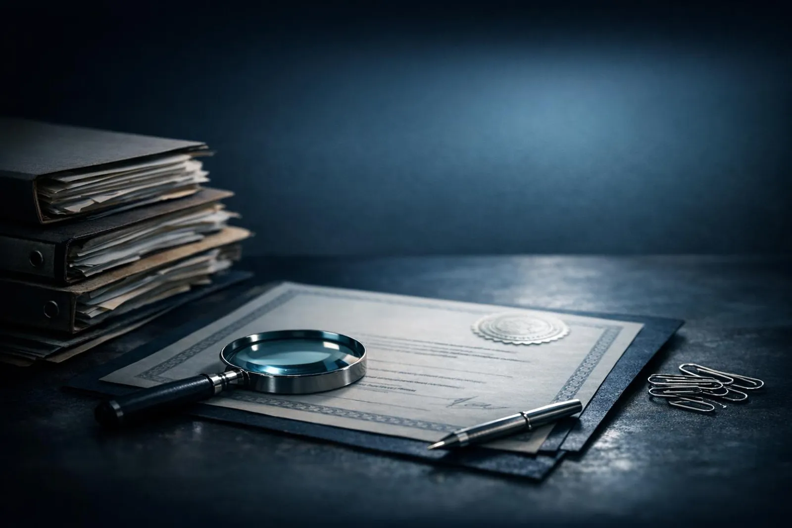 Stacked archive folders and an embossed licence certificate beside a magnifying glass on a dark desk, lit by cinematic teal l