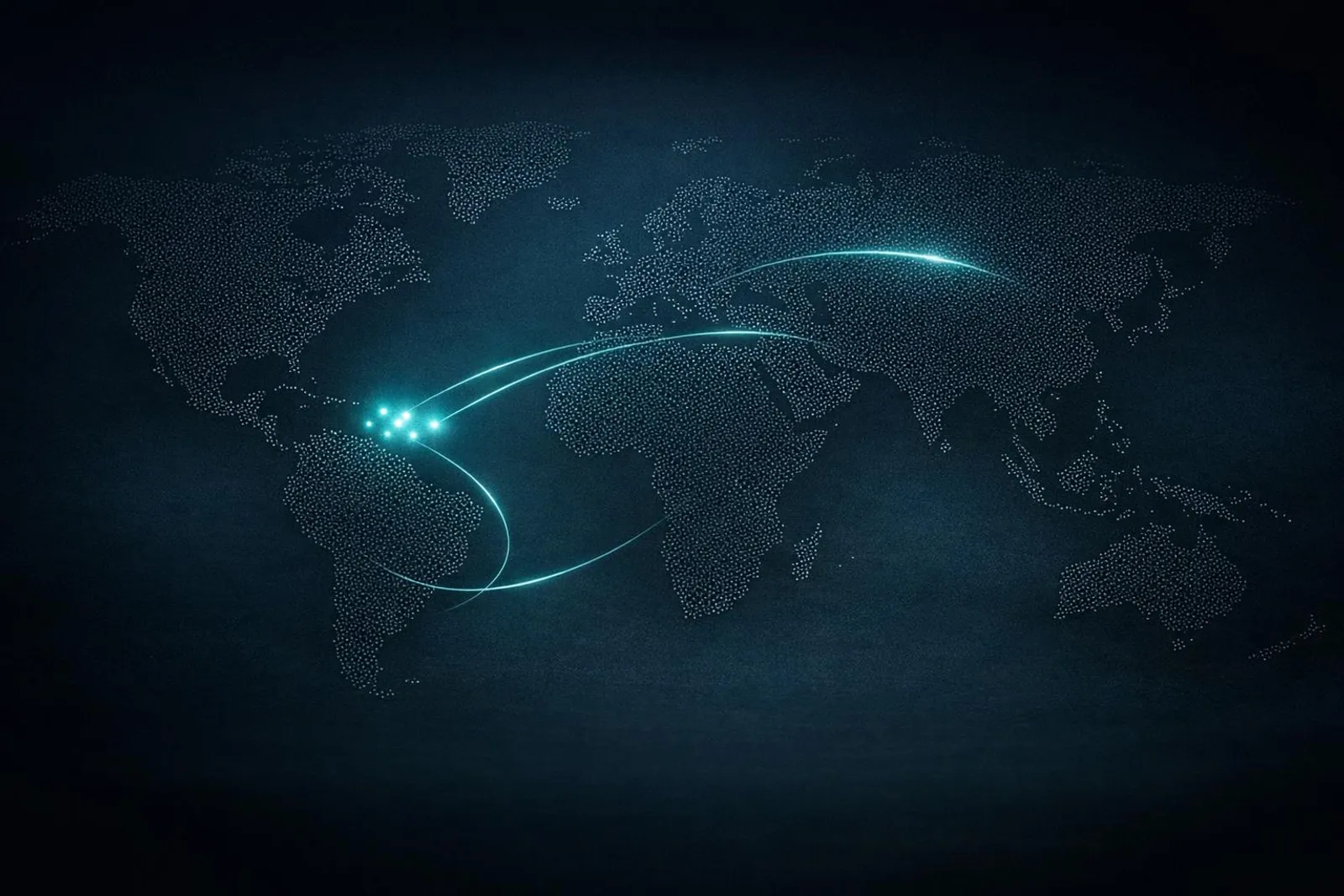 Dark world map with glowing points over the Caribbean linked by arcs to Europe and South America, cinematic teal lighting